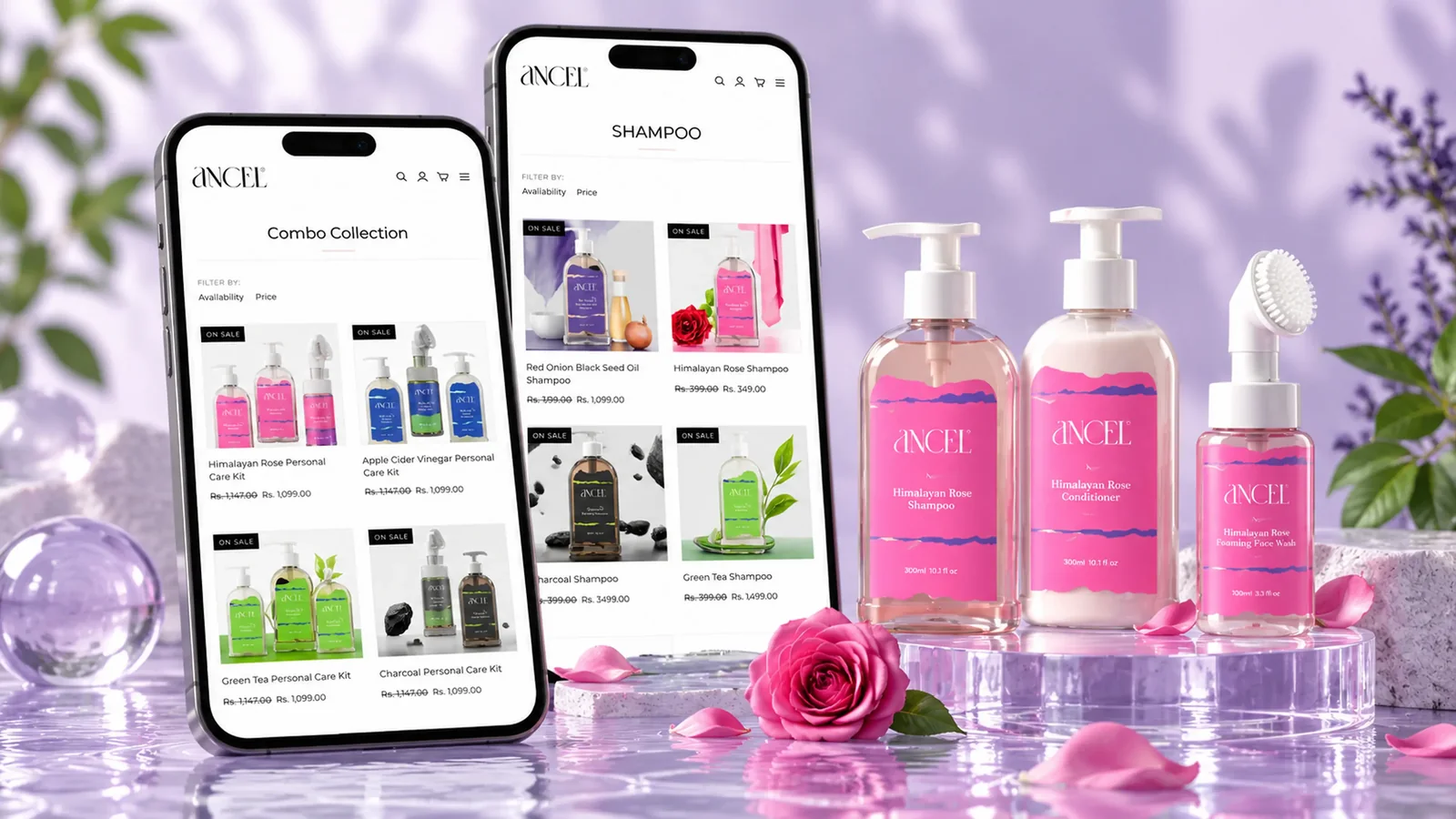 Ancel Naturals combo collection and shampoo pages on two phones