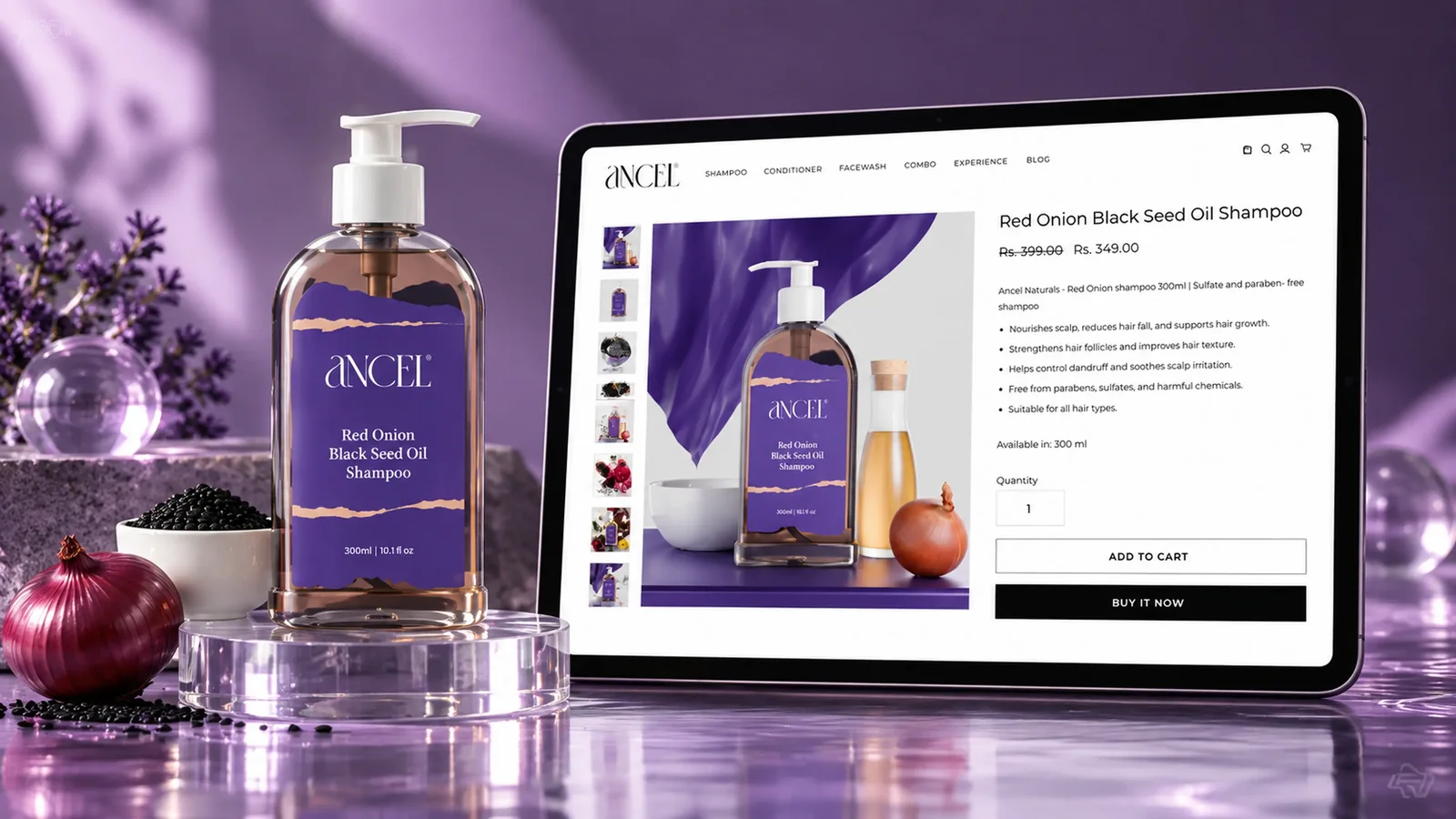Ancel Naturals Red Onion Black Seed Oil Shampoo product page on tablet