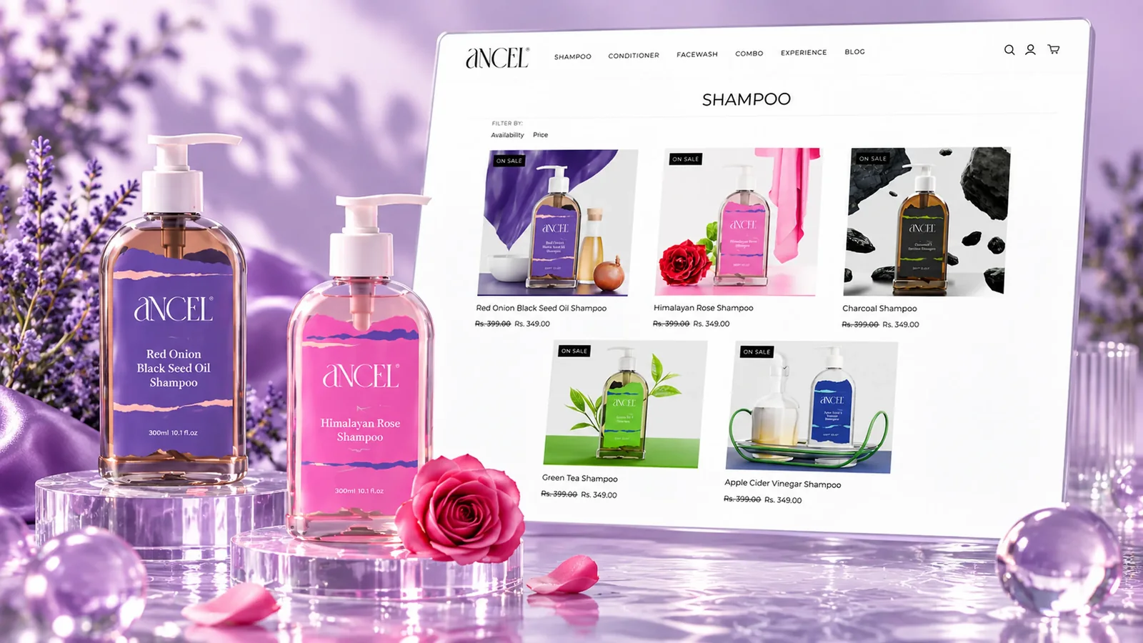 Ancel Naturals shampoo collection page with product grid and sale tags