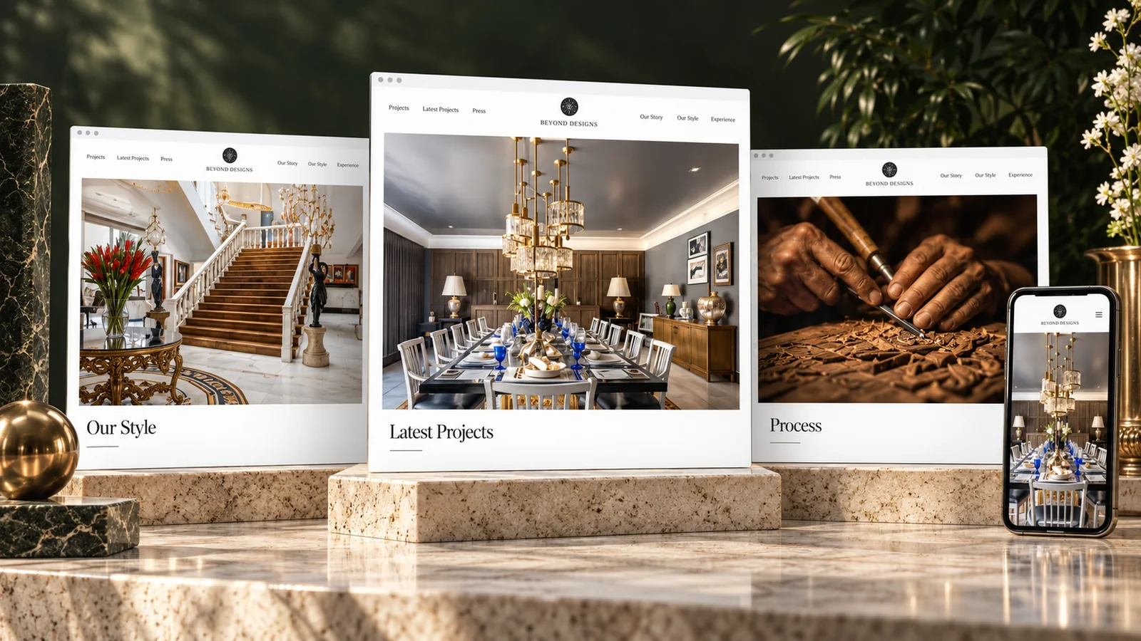 Beyond Designs website pages for Our Style, Latest Projects and Process on stone plinths