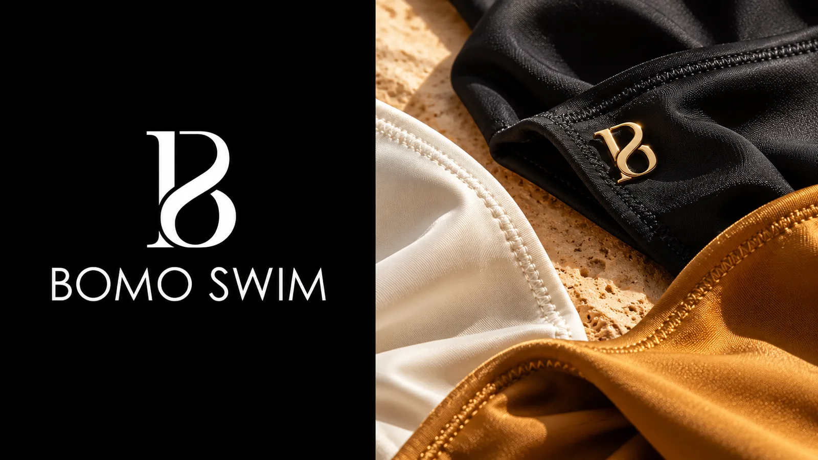 Bomo Swim brand identity: white B monogram logo on black beside swimwear fabric with a gold B hardware detail