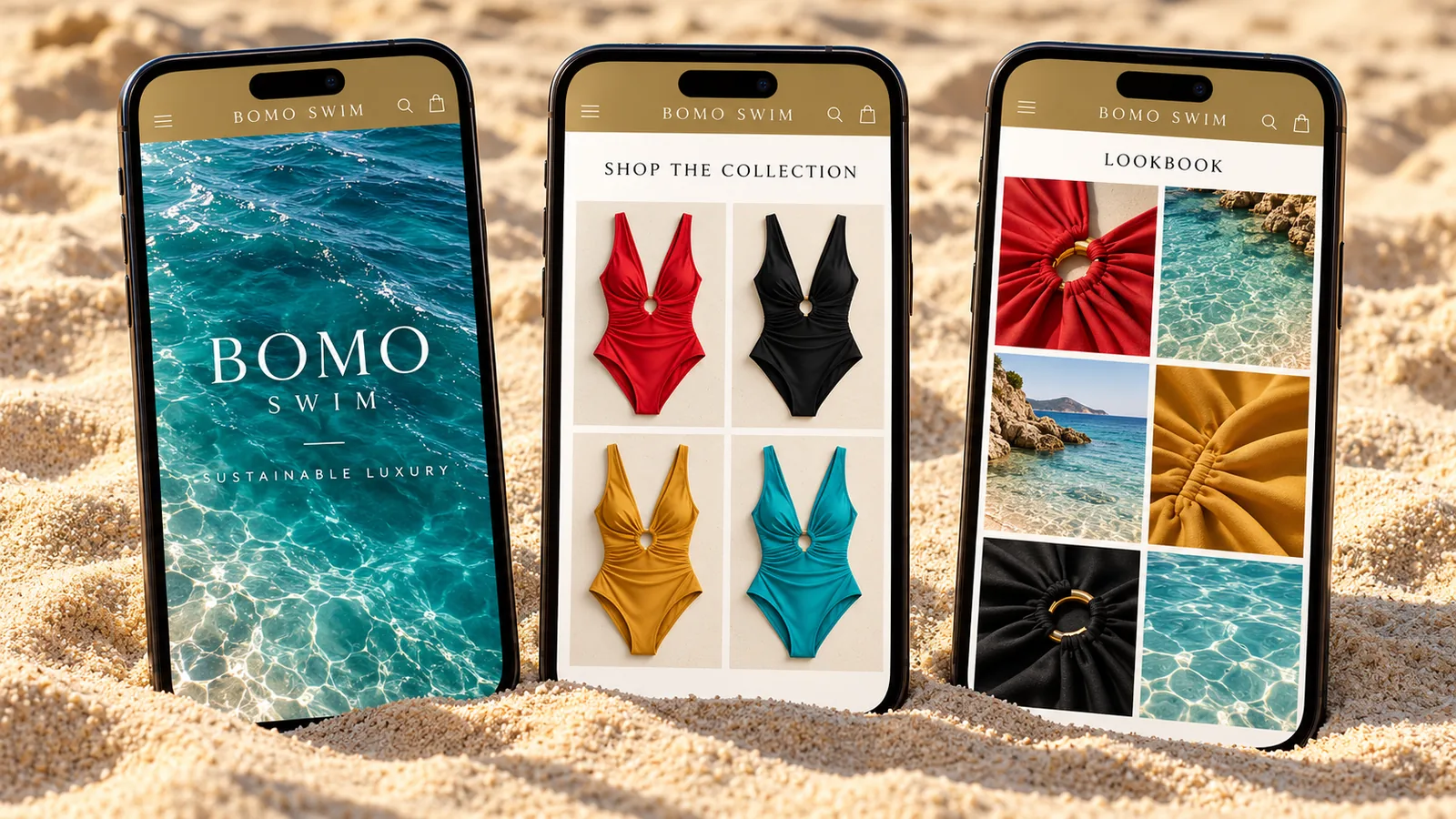 Bomo Swim Shopify store on three phones: home screen, shop the collection page and lookbook