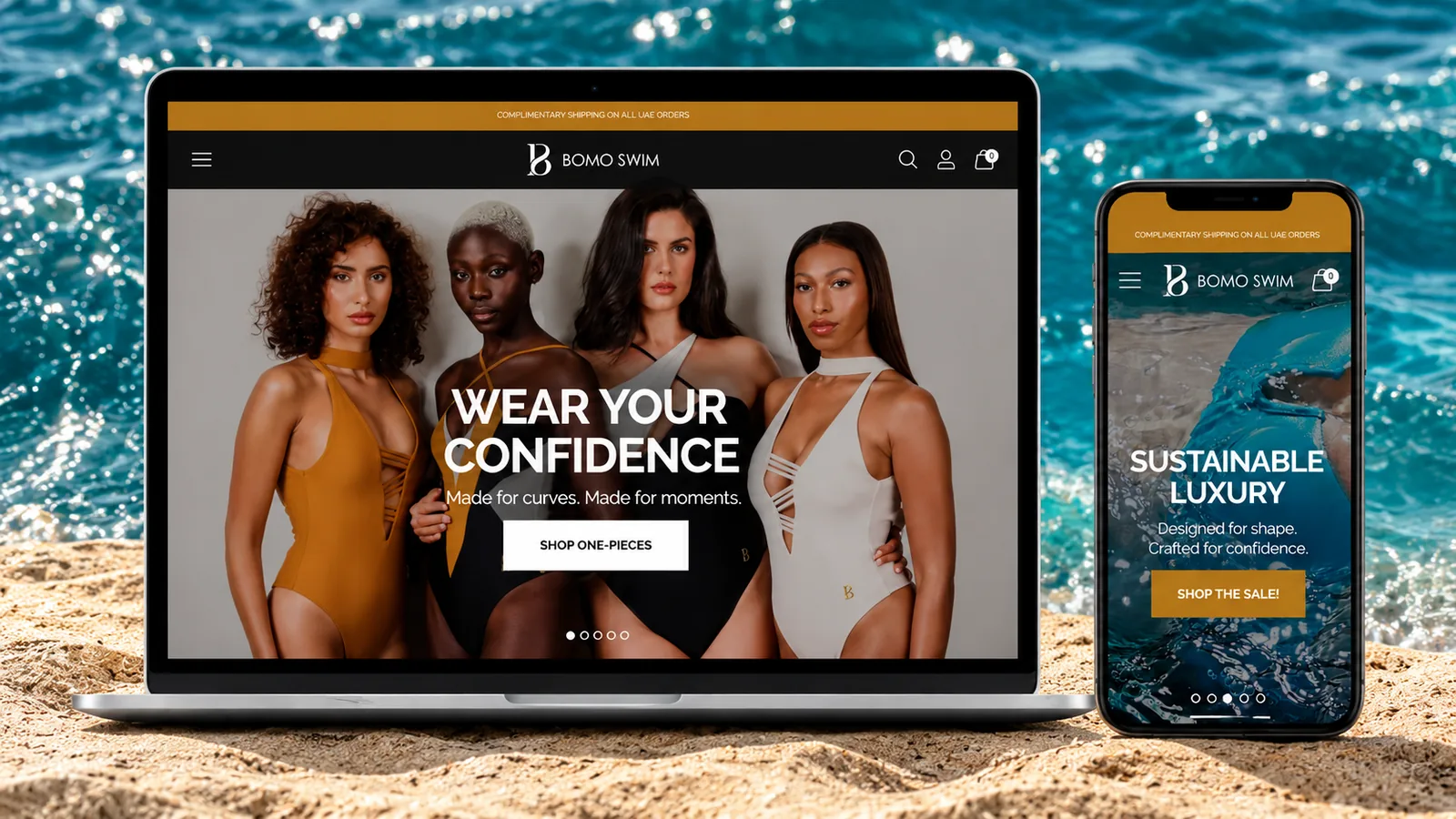 Bomo Swim Shopify website on a laptop and a mobile phone, designed and developed by LemonTalks®