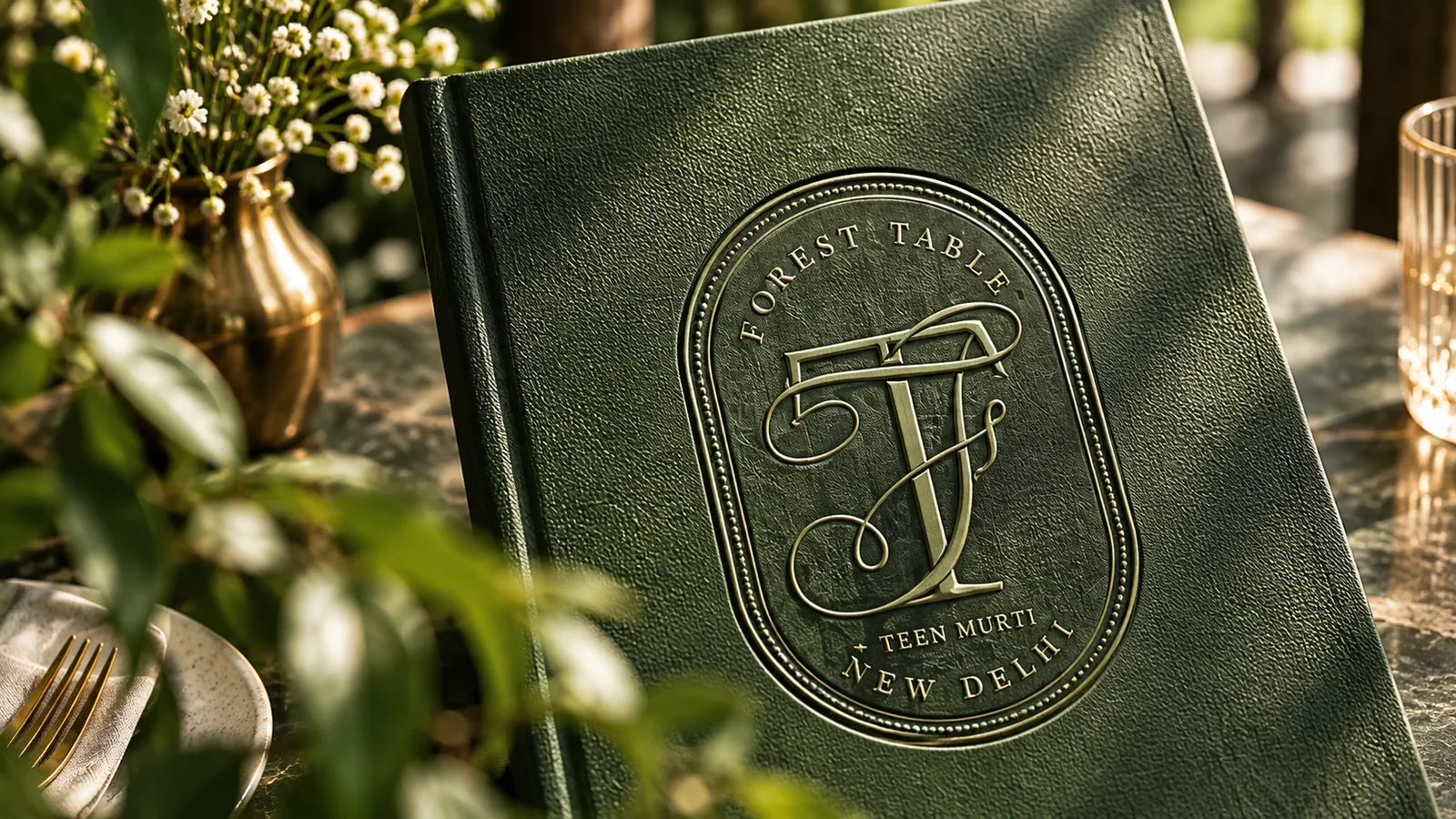 Forest Table FT monogram embossed on a green menu cover, Teen Murti New Delhi