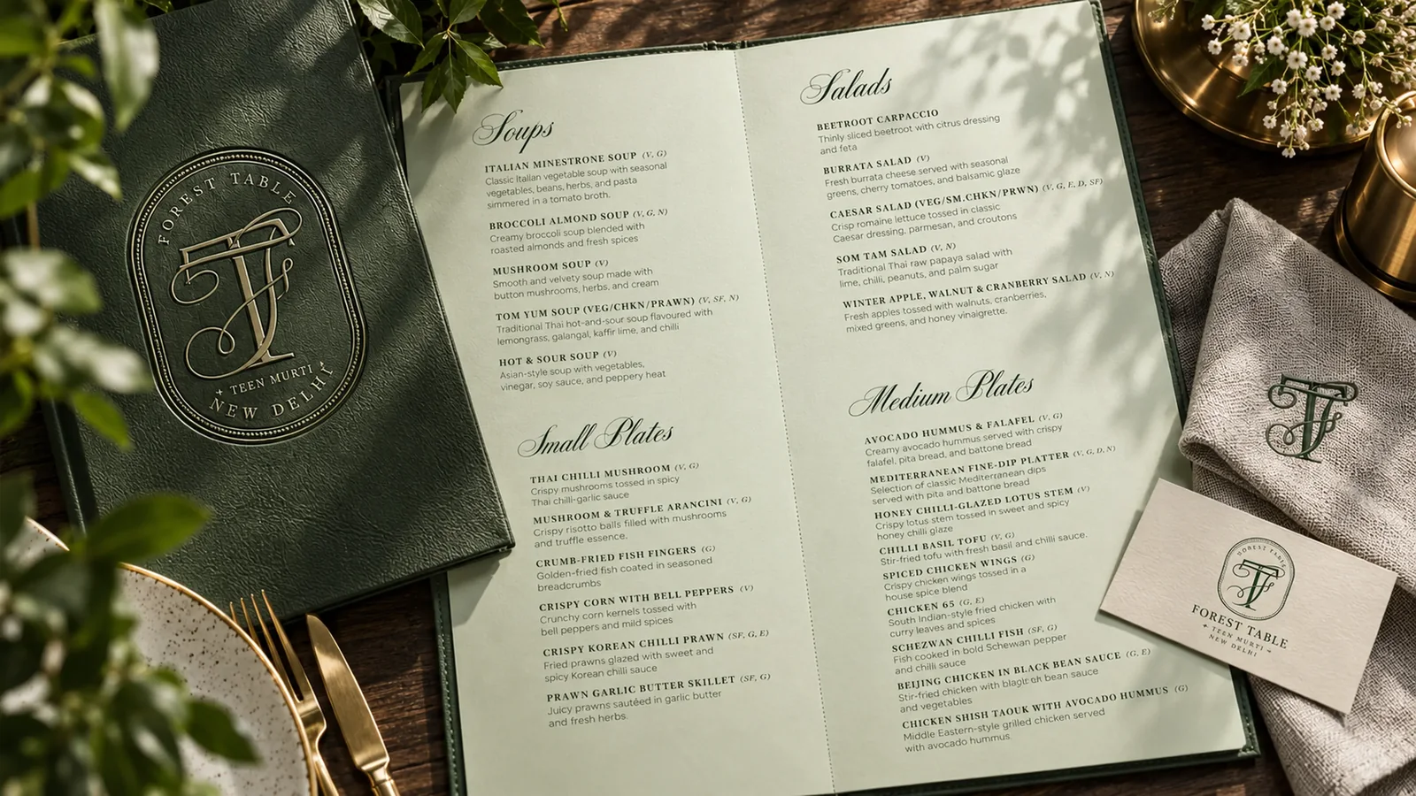 Forest Table menu design and stationery with monogrammed napkin and business card