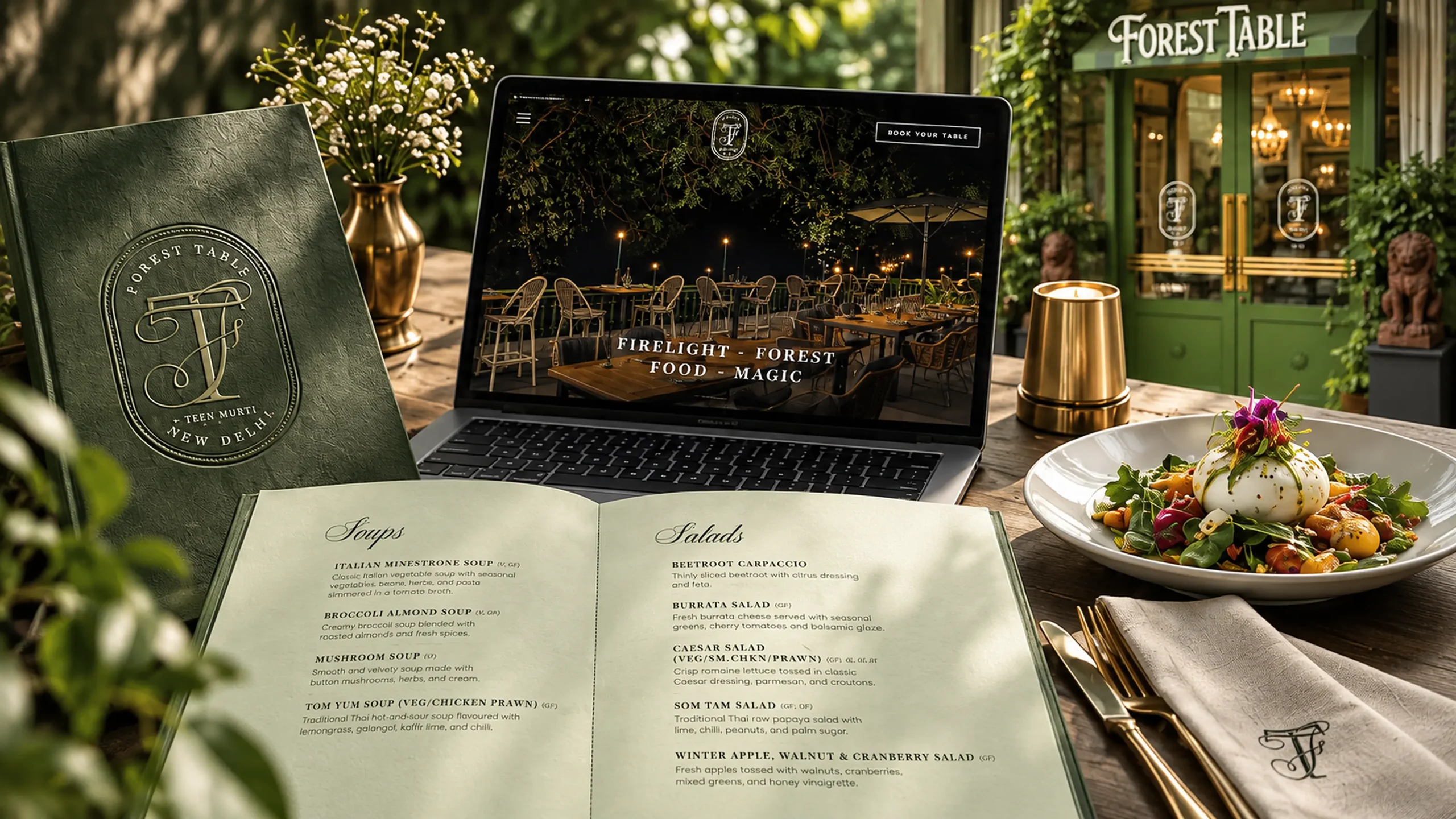 Restaurant branding with embossed menu, website and plated food for Forest Table, New Delhi