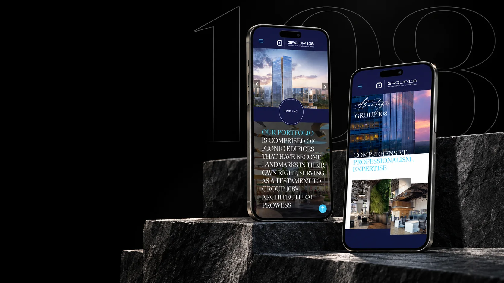 Group 108 mobile website screens on a stone plinth with 108 outline