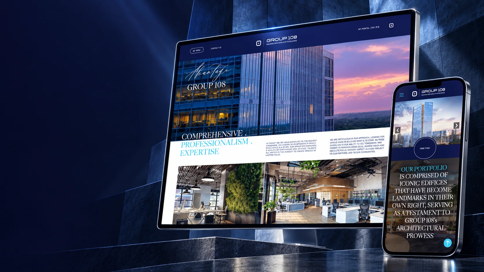 Group 108 website brand experience with architectural imagery and signature typography on desktop and mobile
