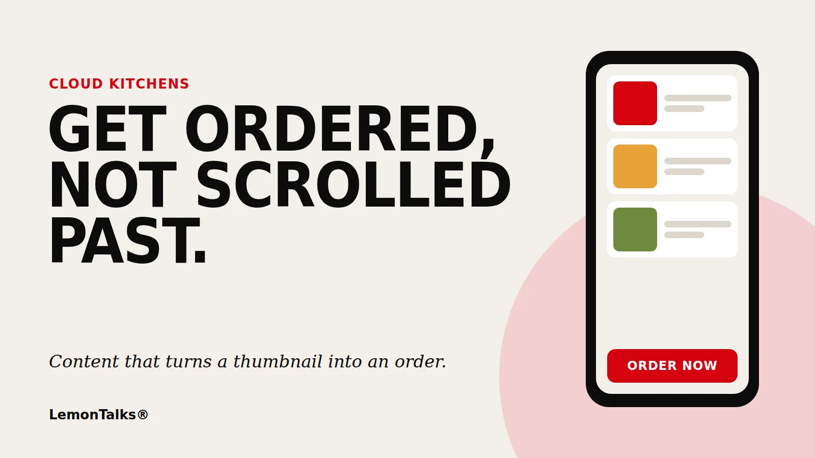 Content creation for a cloud kitchen brand: app listing with an Order now button