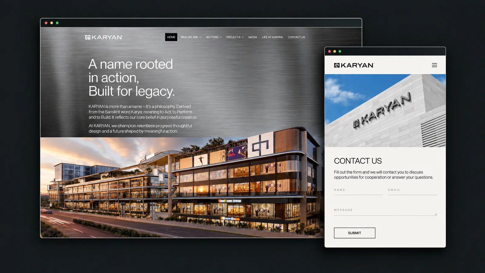 Karyan Group website on desktop and mobile: homepage reading A name rooted in action, Built for legacy, and the contact page