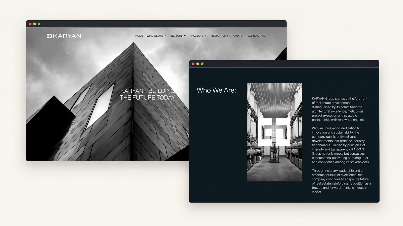 Karyan website pages in two browser windows: homepage with a black and white building and the Who we are page