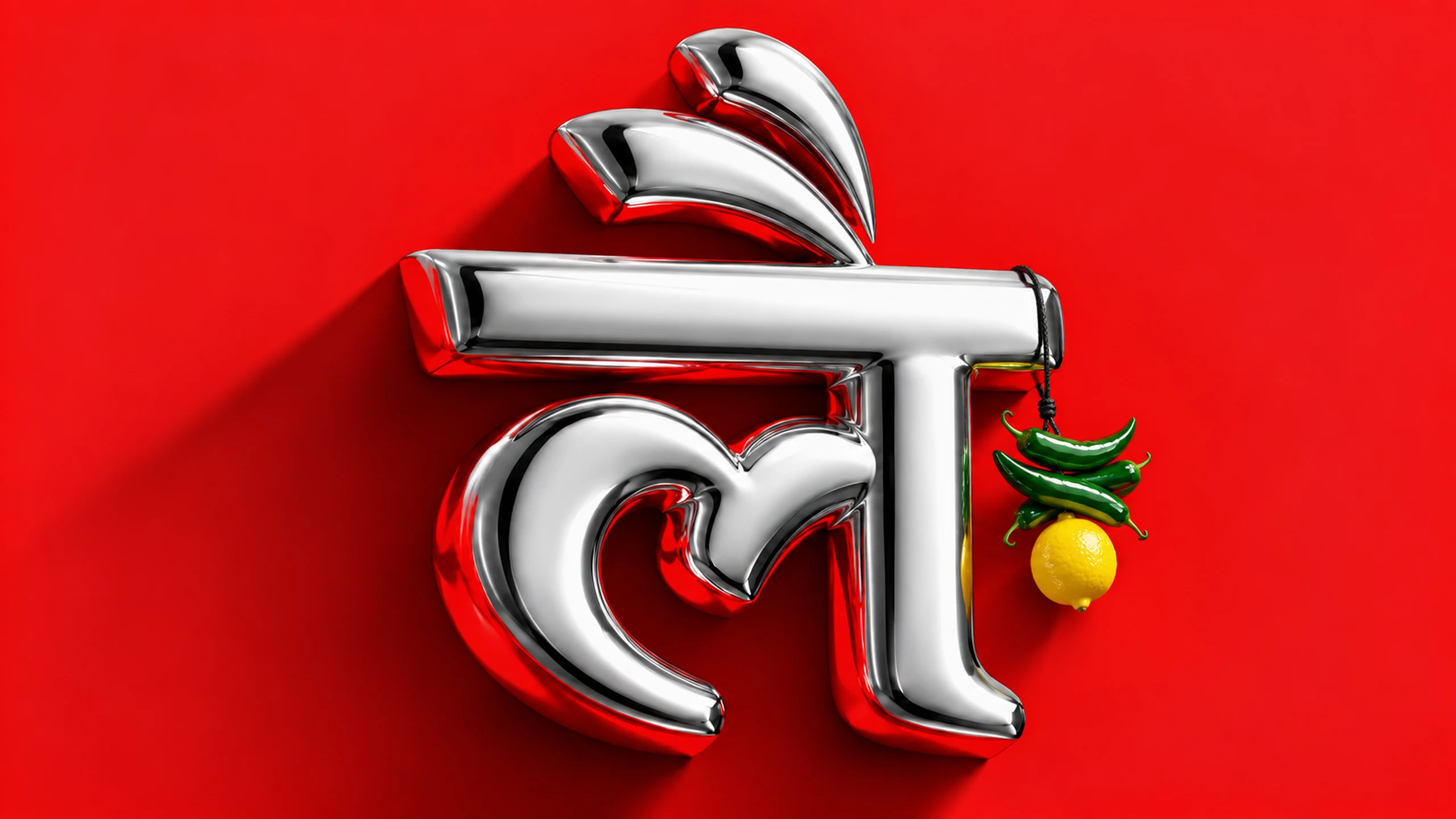 The new LemonTalks® mark: a chrome Devanagari लै with a nimbu-mirchi on red
