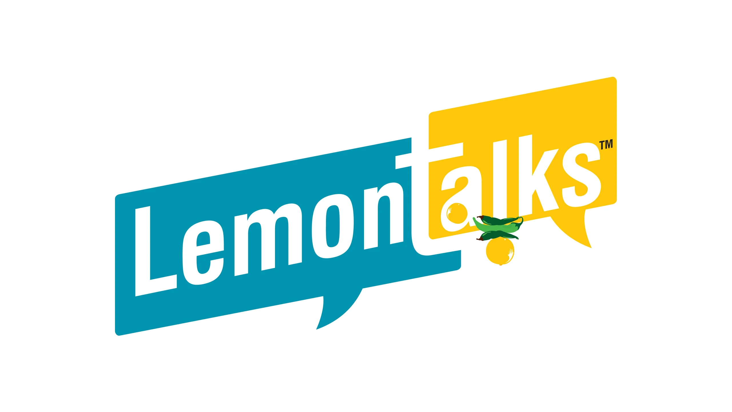 The original LemonTalks™ logo: white lettering in blue and yellow speech bubbles with a nimbu-mirchi