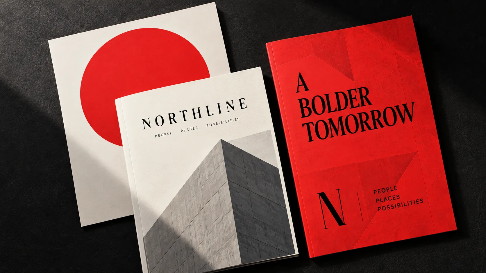 Northline brand identity brochures including a red cover reading A Bolder Tomorrow