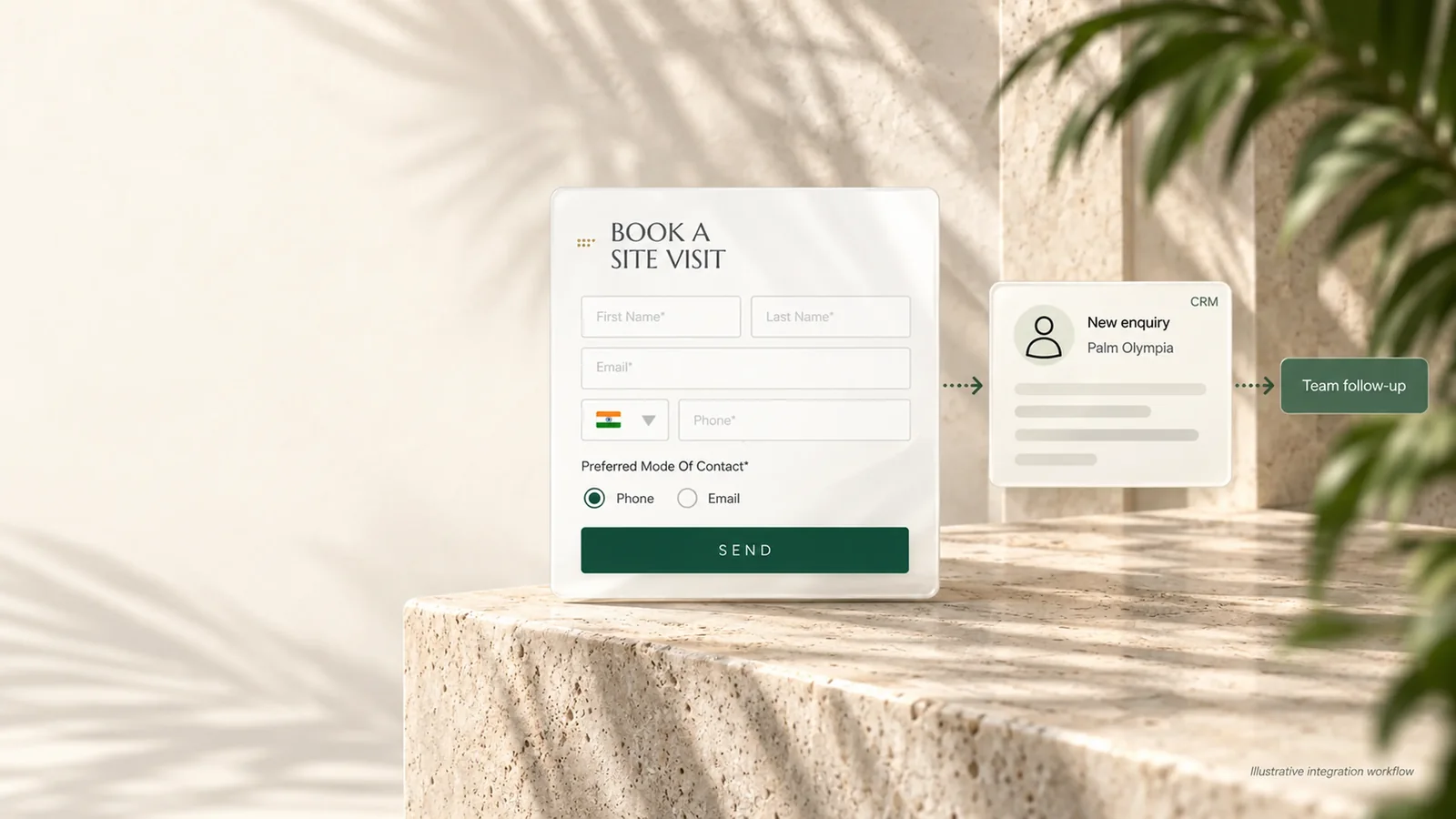 Palm Olympia book a site visit form connected to CRM and team follow-up