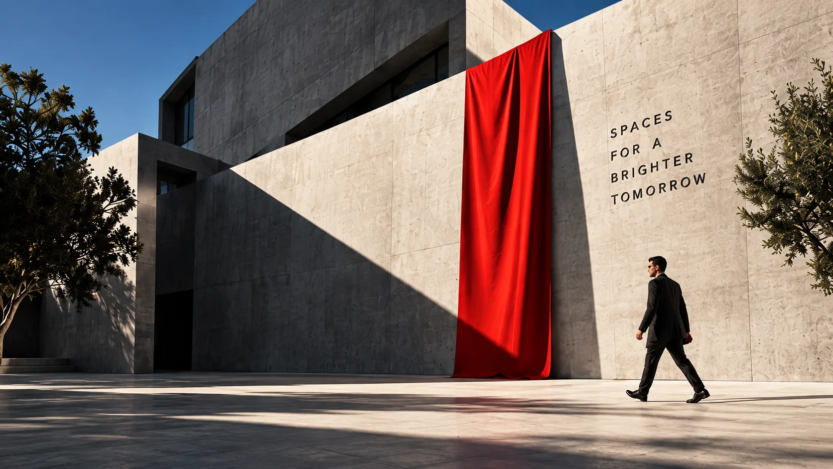 Red fabric drape on a concrete real estate facade with the words Spaces for a brighter tomorrow and a man walking past