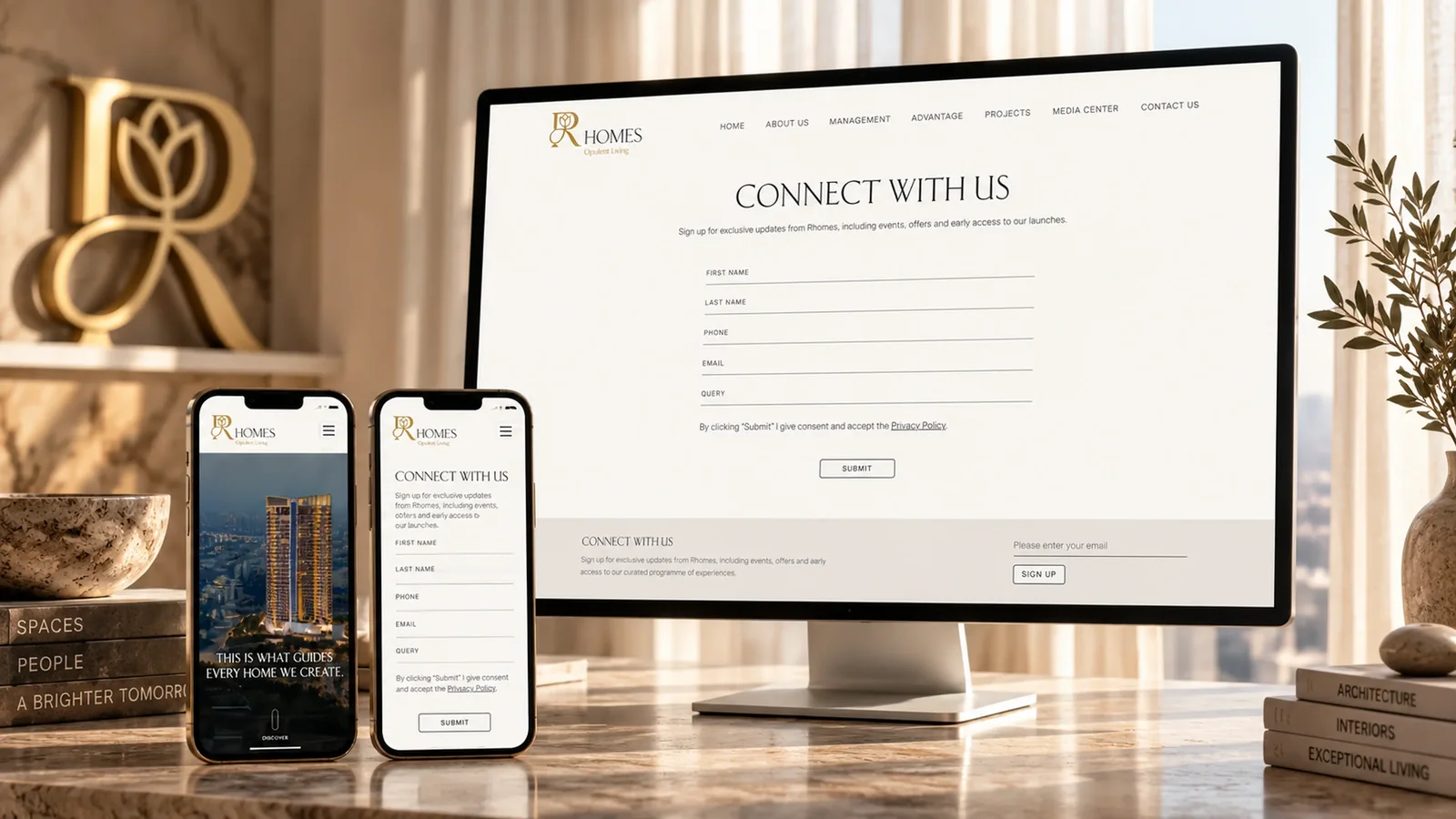 RHomes Connect With Us enquiry page on desktop and two mobile screens