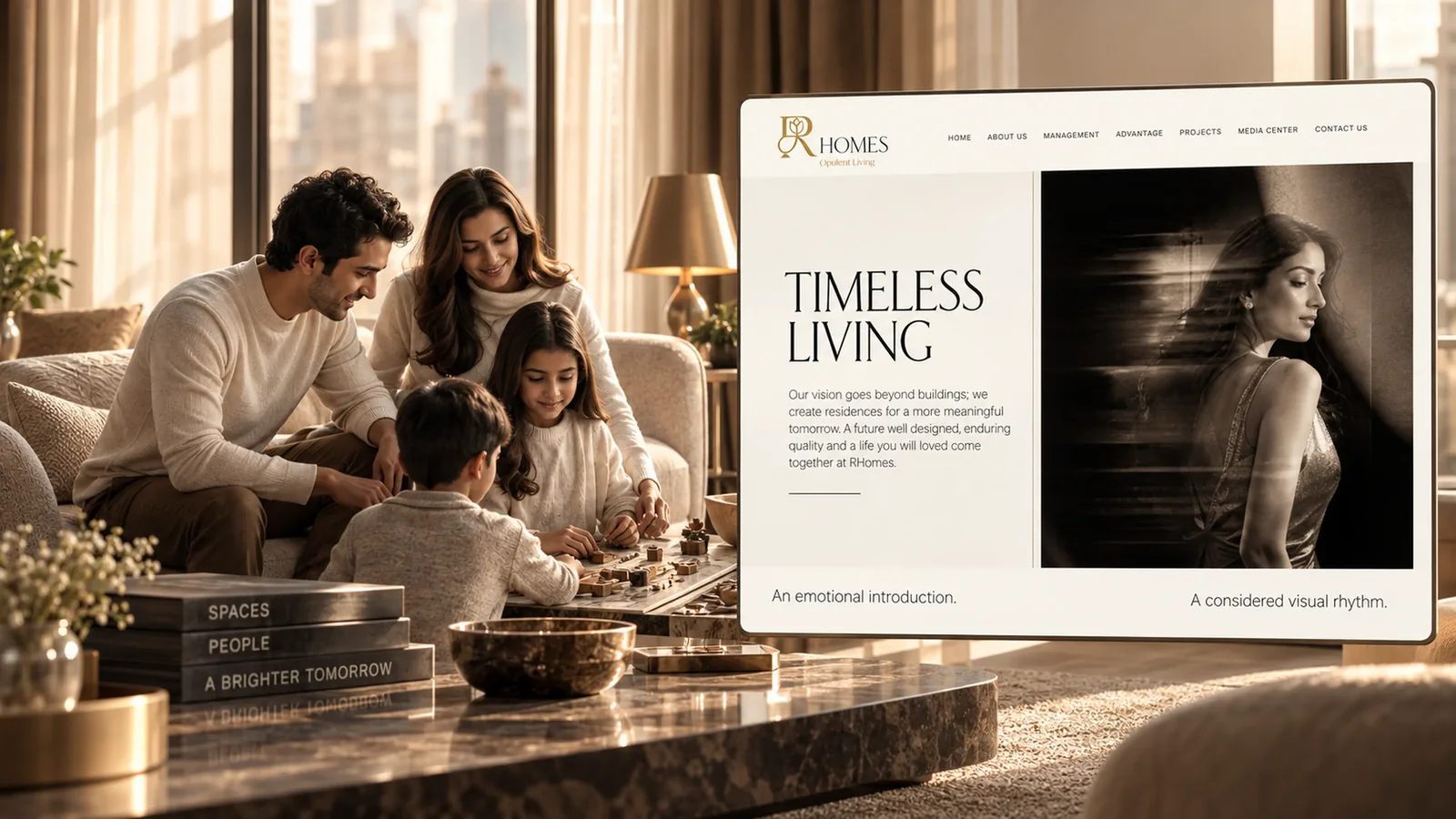 RHomes website Timeless Living page beside a family at home, lifestyle-led real estate storytelling
