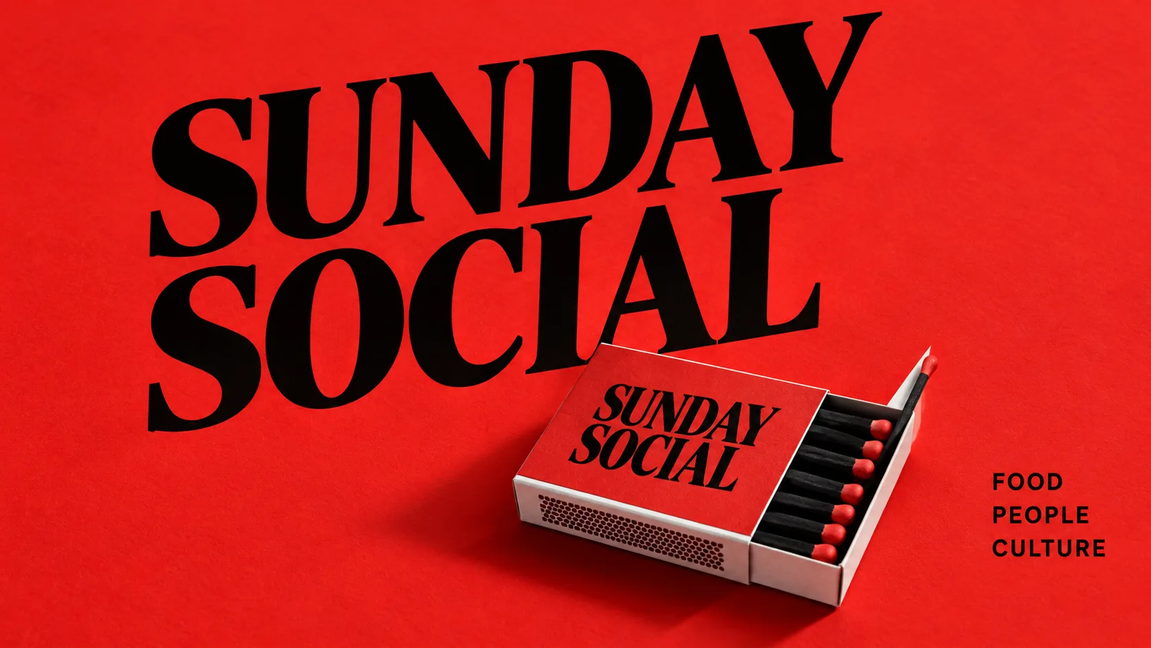 Sunday Social hospitality brand identity with bold serif wordmark and branded red matchbox