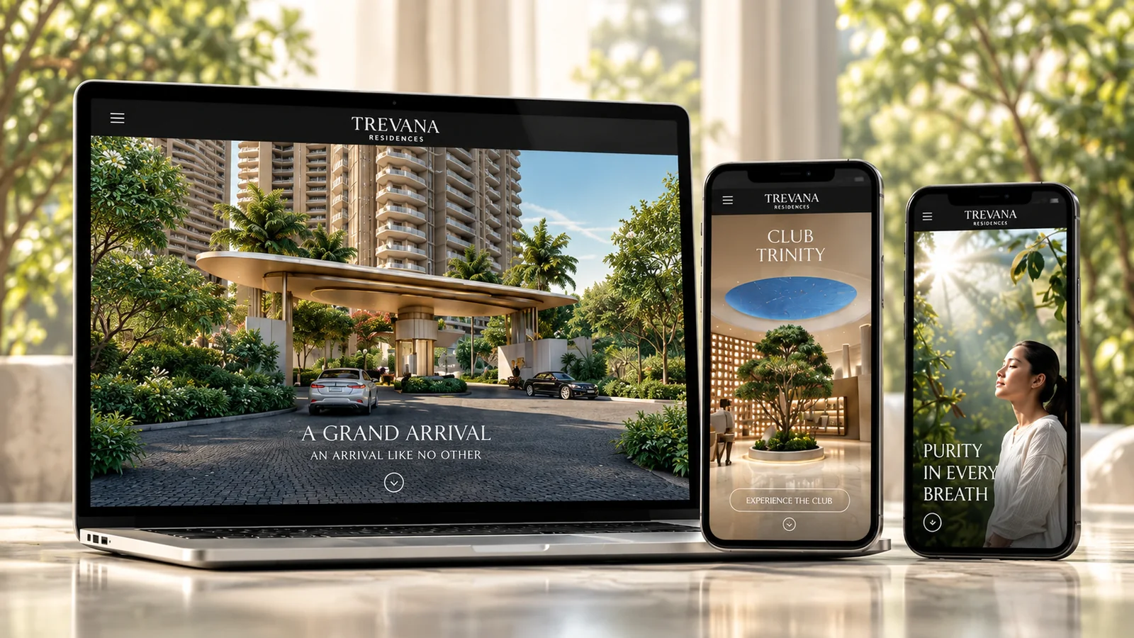 Trevana Residences website pages for A Grand Arrival and Club Trinity on laptop and phones