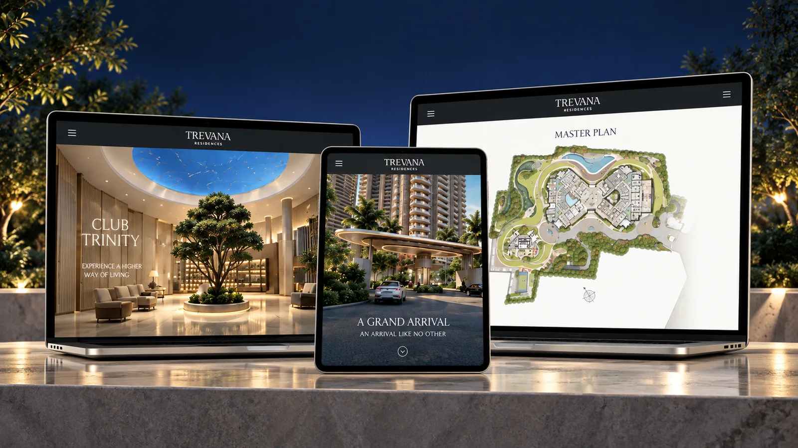 Trevana Residences website Club Trinity, arrival and master plan screens on tablet and laptop