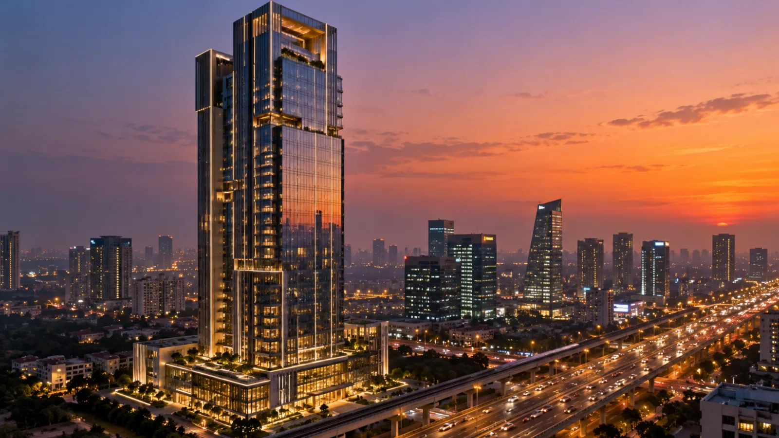 New residential tower in Gurugram at dusk with a launch campaign timeline
